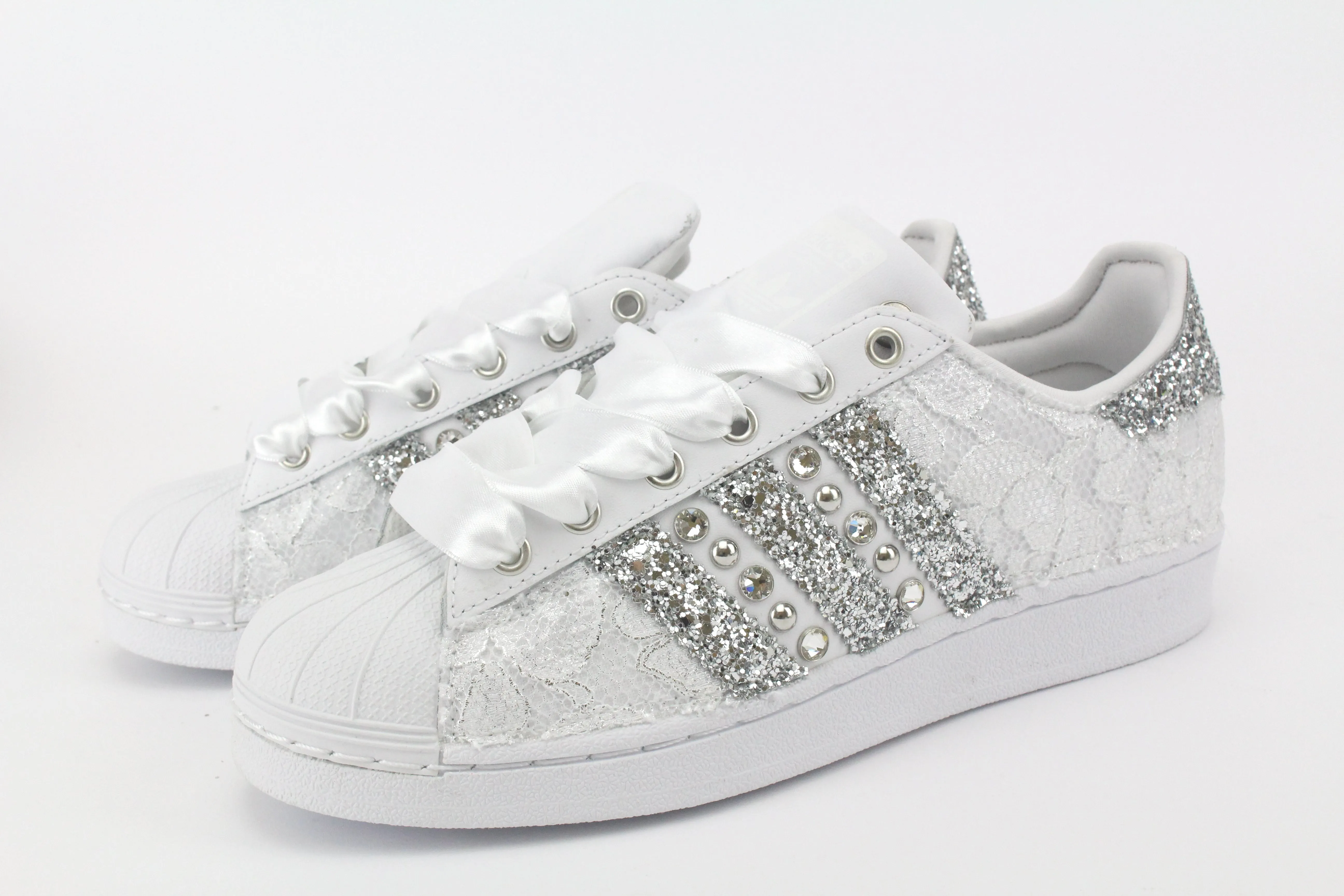 Adidas Superstar Pizzo White Glitter Argento Borchie & Strass