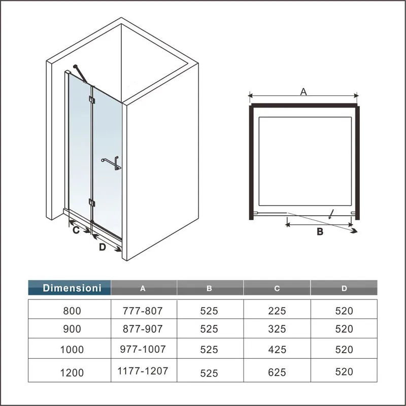 Aica 190 cm Porta Doccia Per Nicchia Apertura Battente Vetro 8 mm Temperato Trasparente Anticalcare Portasciugamani e Barra Stabilizzatrice