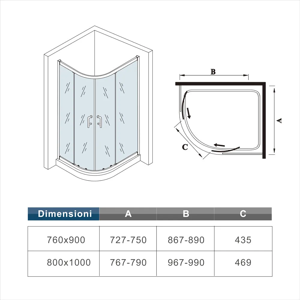 Aica 80X100cm Box Doccia Semicircolare Scorrevole In Alluminio Elettroforesi Vetro Temperato Trasparente L