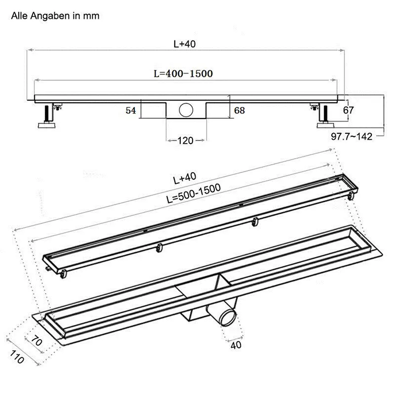 AICA Canaletta scarico canalina doccia in Acciaio Inossidabile Piastrellabile Pannello 2 in 1 per Bagno 40 50 60 70 80 90 100 110 120 130 140 150 cm