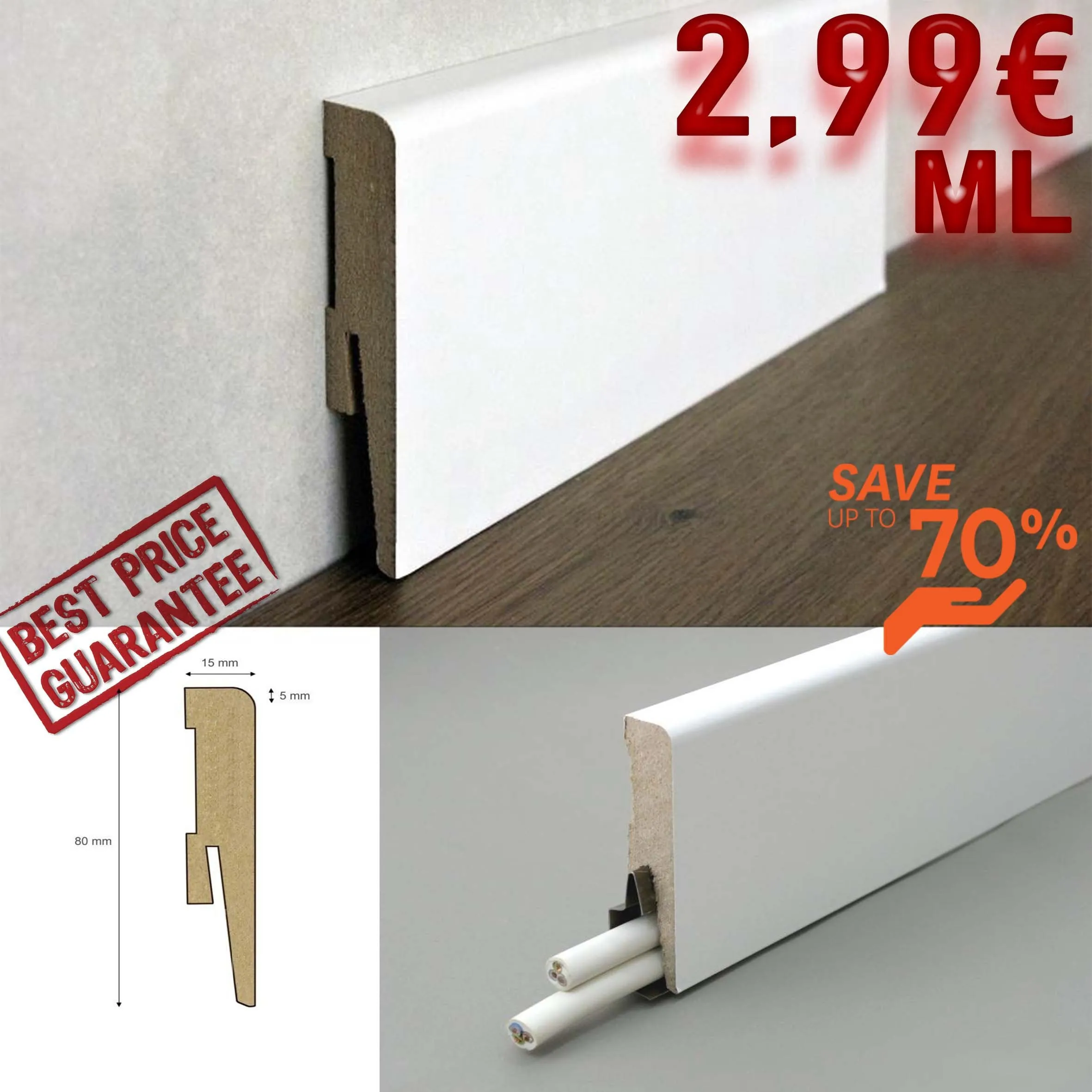 BATTISCOPA MODERNO Zoccolino SQUADRATO 80X15 in MDF BIANCO (prezzo al metro lineare)