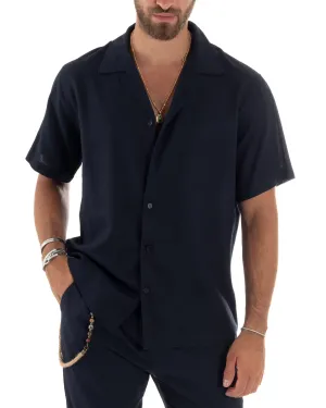 Camicia Uomo Lino Mezze Maniche Con Bottoncini Colletto Bowling Collo Con Revers Casual Boxy Fit Tinta Unita Blu GIOSAL-CC1212A