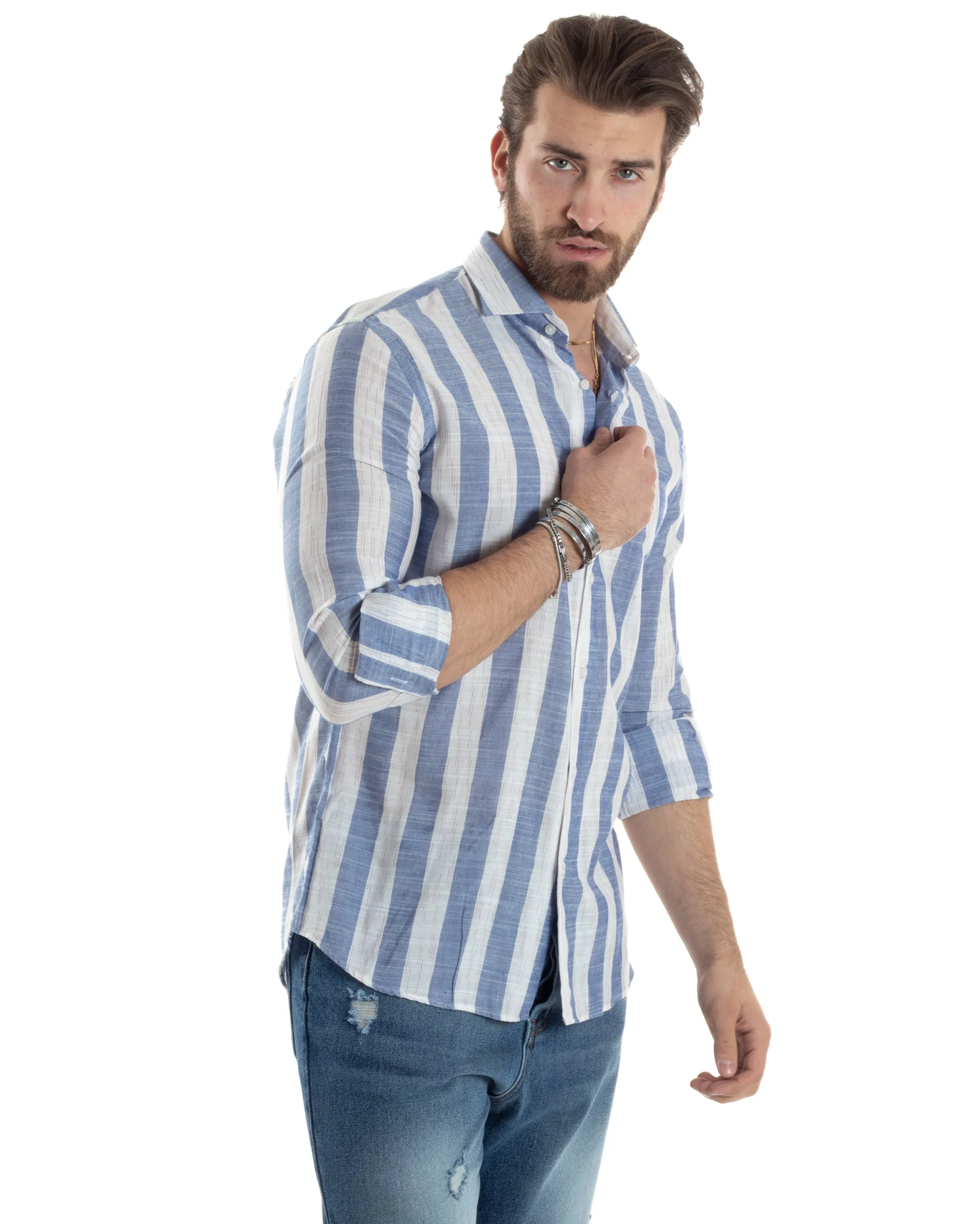 Camicia Uomo Manica Lunga A Righe Lino Collo Francese Regular Fit Riga Larga Blu GIOSAL-C2855A