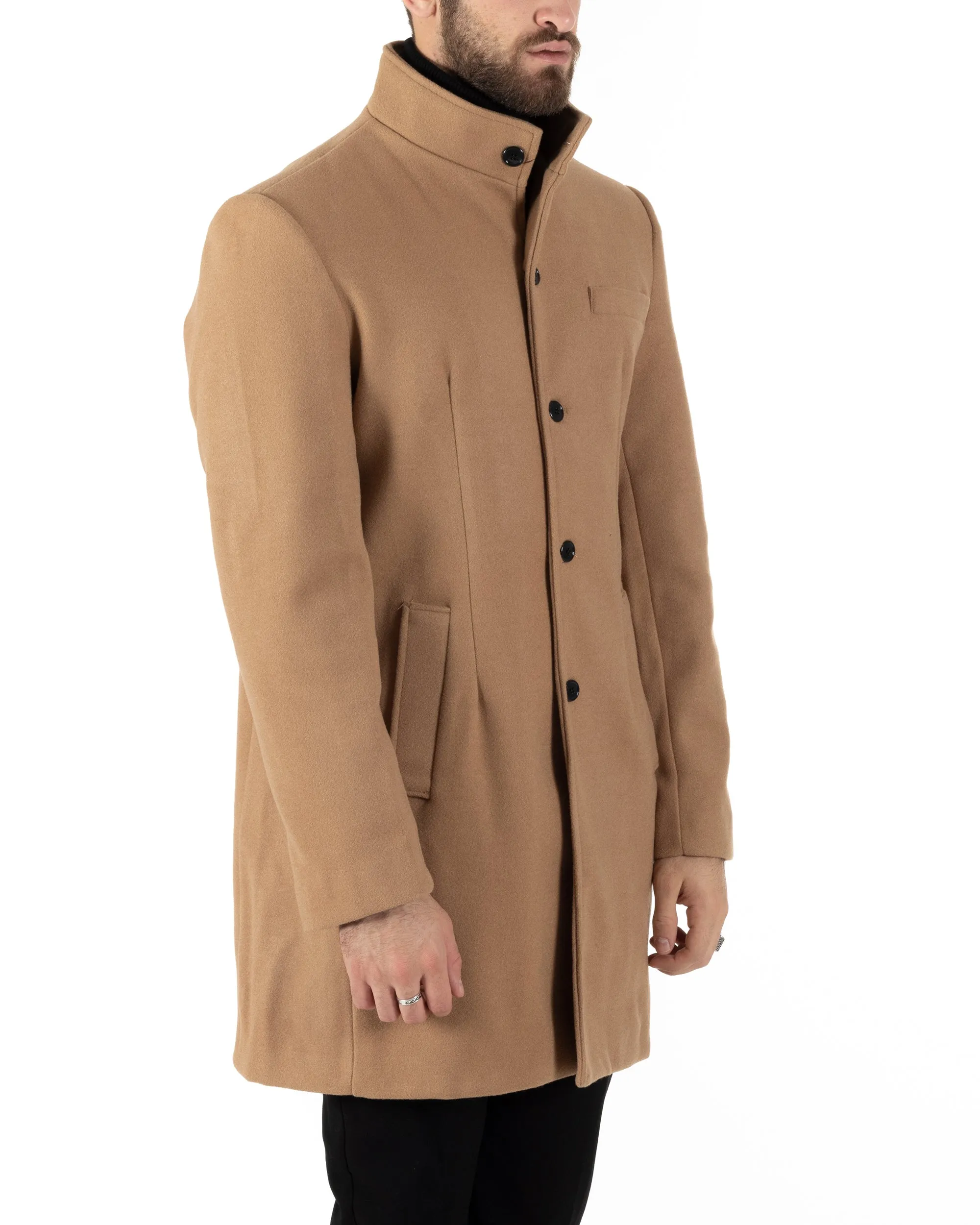 Cappotto Monopetto Uomo Giacca Collo Coreano Giaccone Lungo Camel Baronetto Elegante GIOSAL-CO1015A