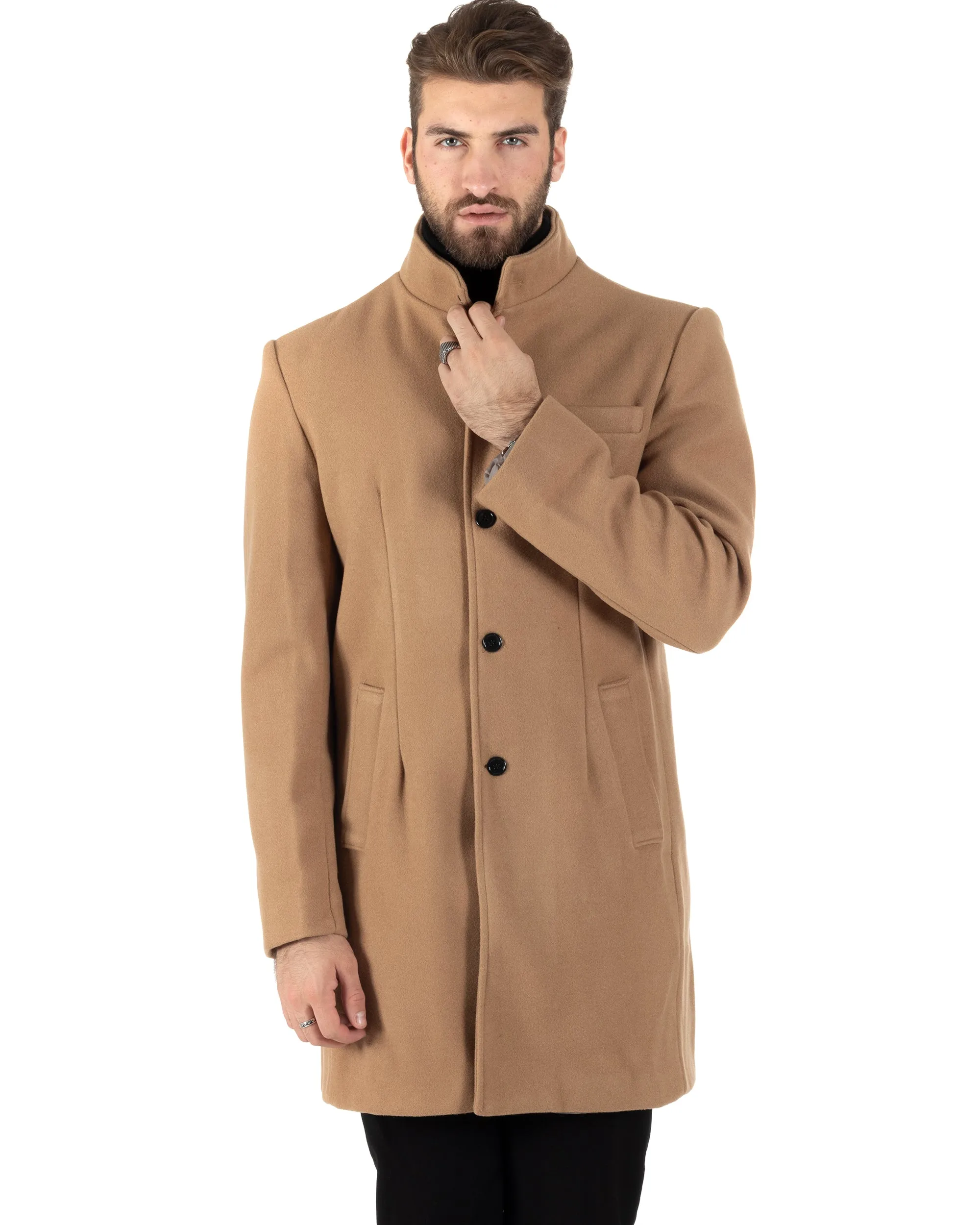 Cappotto Monopetto Uomo Giacca Collo Coreano Giaccone Lungo Camel Baronetto Elegante GIOSAL-CO1015A