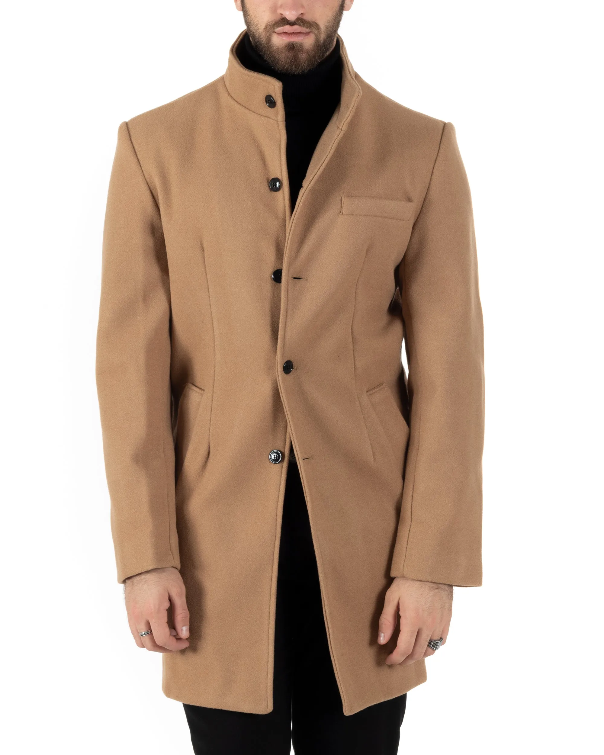 Cappotto Monopetto Uomo Giacca Collo Coreano Giaccone Lungo Camel Baronetto Elegante GIOSAL-CO1015A