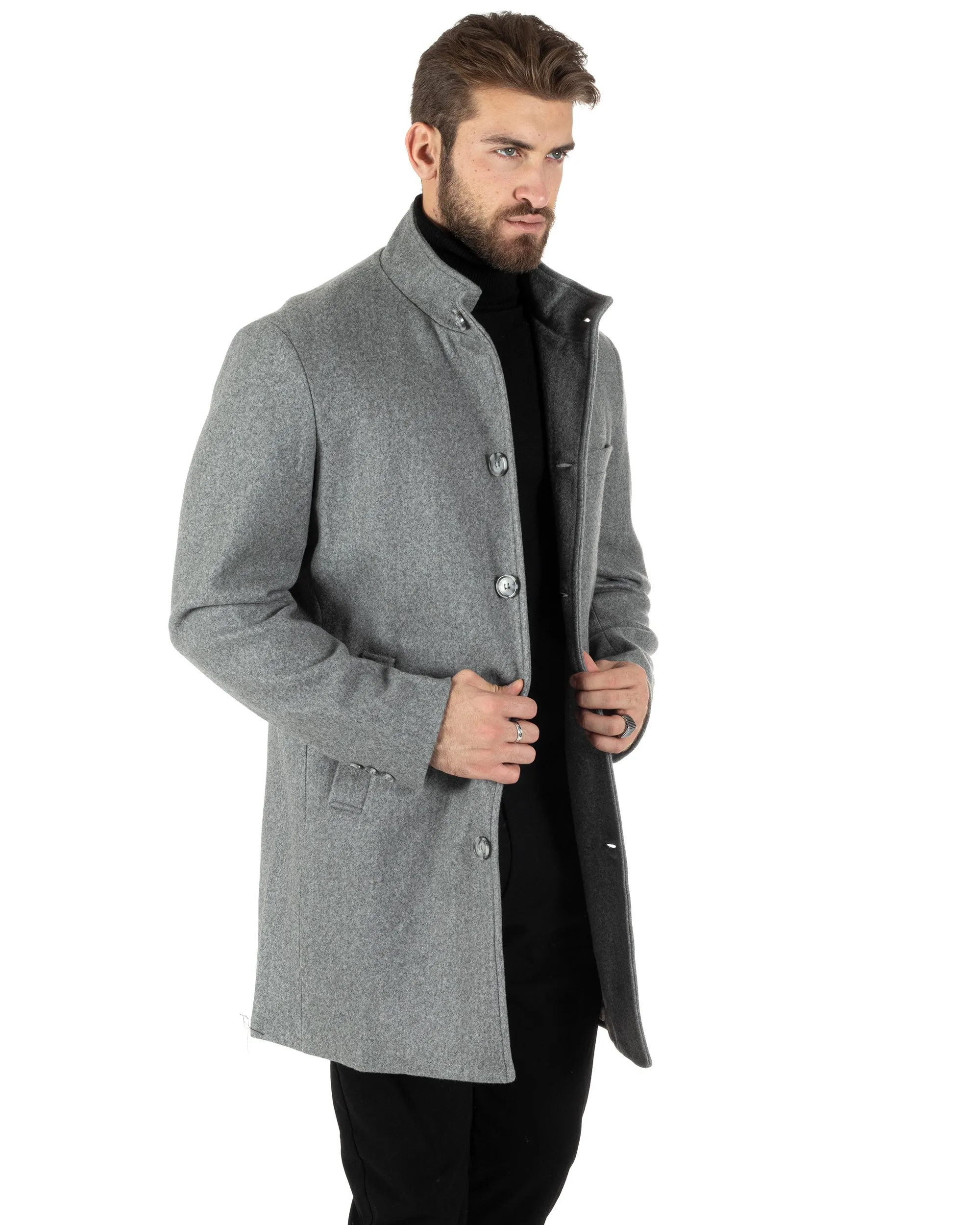 Cappotto Monopetto Uomo Giacca Collo Coreano Giaccone Lungo Grigio Chiaro Baronetto Elegante GIOSAL-CO1014A