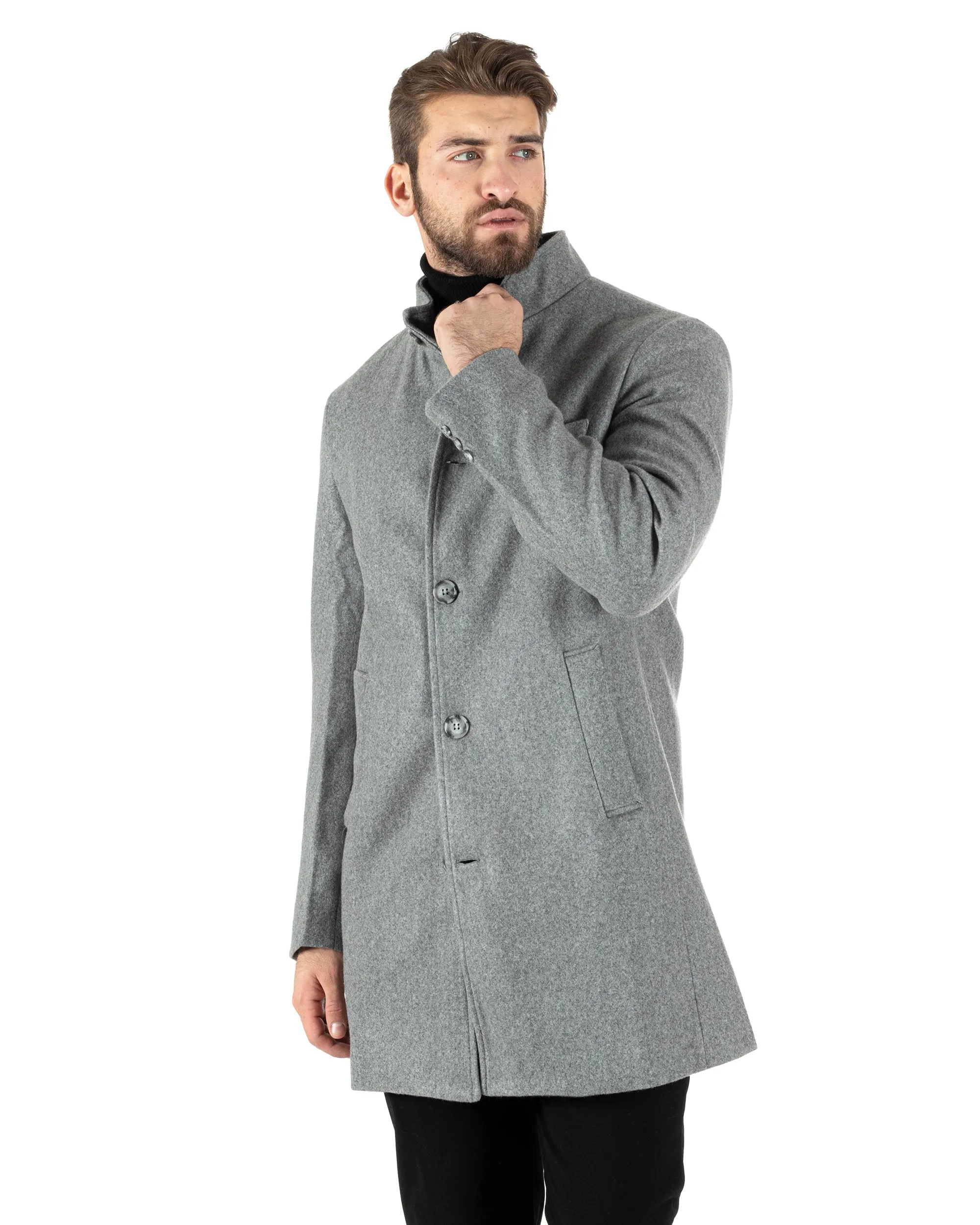 Cappotto Monopetto Uomo Giacca Collo Coreano Giaccone Lungo Grigio Chiaro Baronetto Elegante GIOSAL-CO1014A