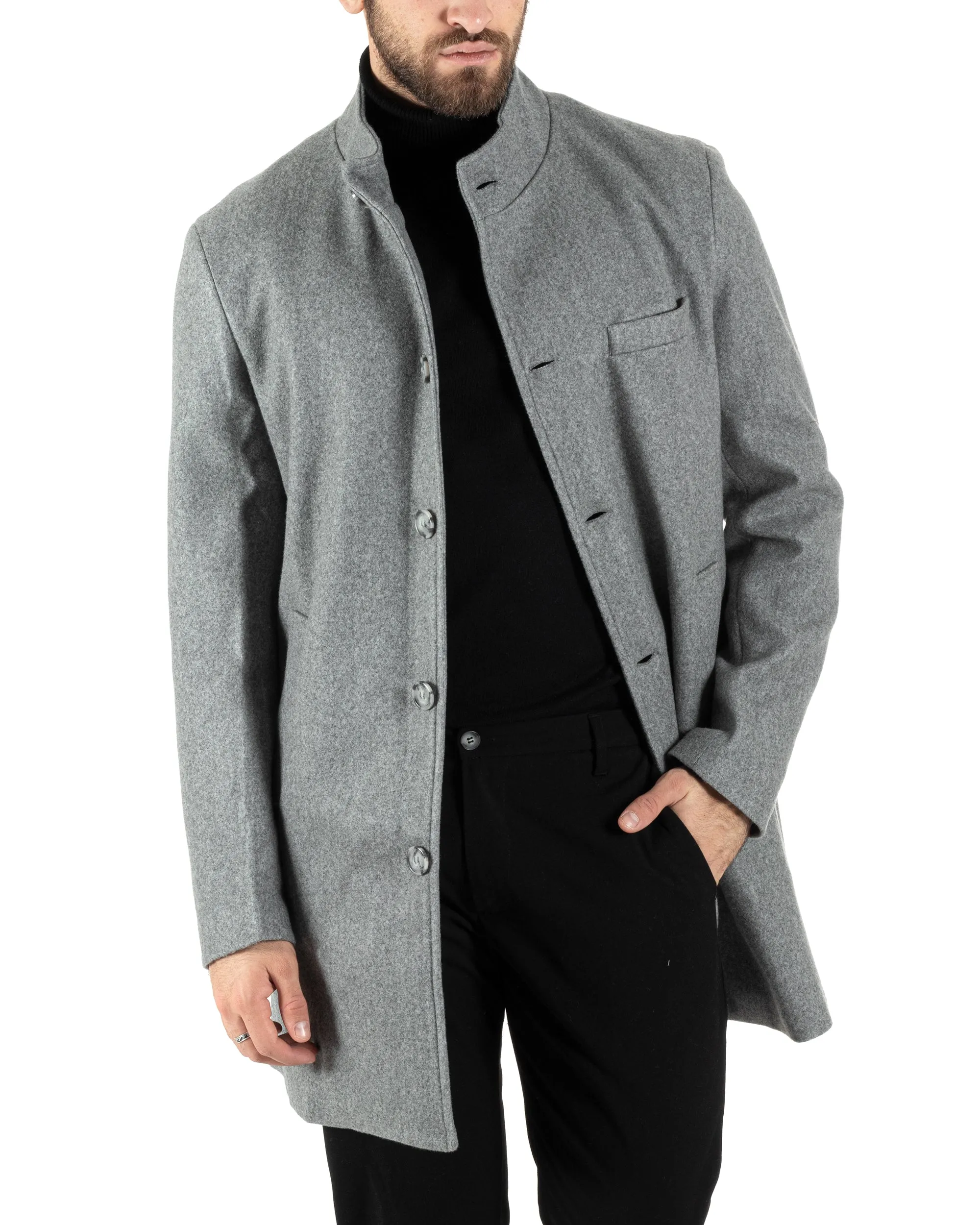 Cappotto Monopetto Uomo Giacca Collo Coreano Giaccone Lungo Grigio Chiaro Baronetto Elegante GIOSAL-CO1014A