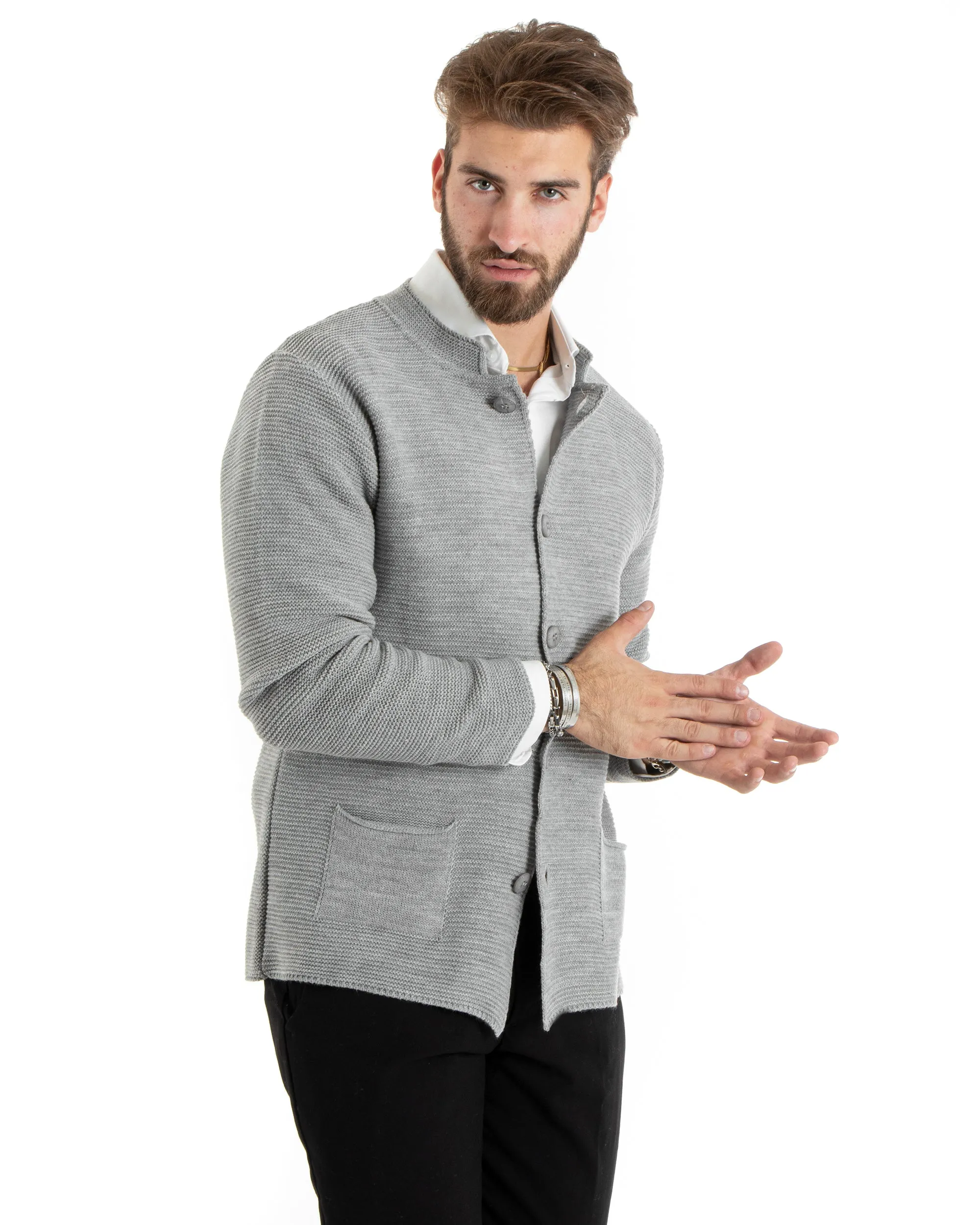 Cardigan Uomo Collo Coreano Maglioncino Monopetto Maglia Giacca Con Bottoni Grigio Casual GIOSAL-M2671A