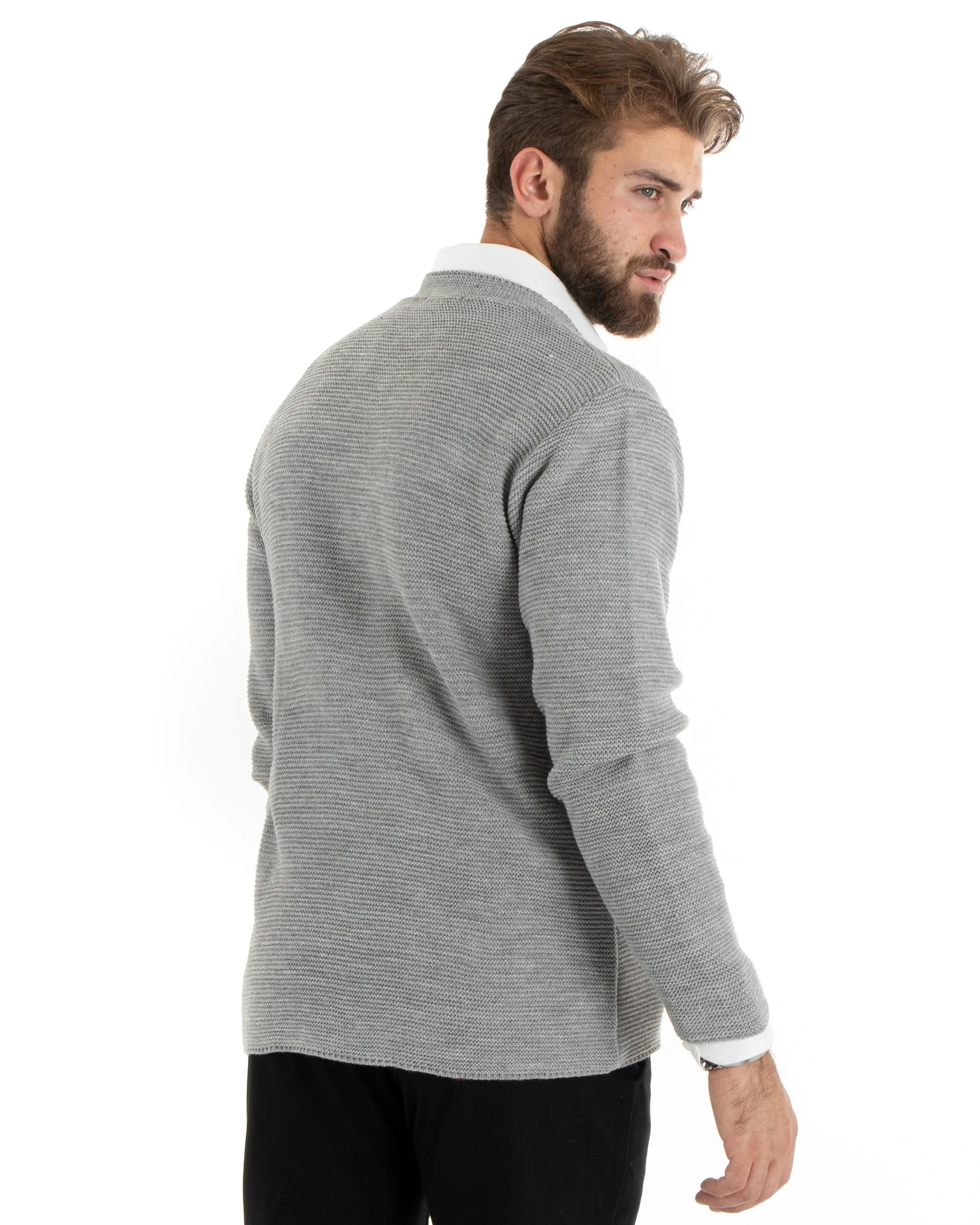 Cardigan Uomo Collo Coreano Maglioncino Monopetto Maglia Giacca Con Bottoni Grigio Casual GIOSAL-M2671A