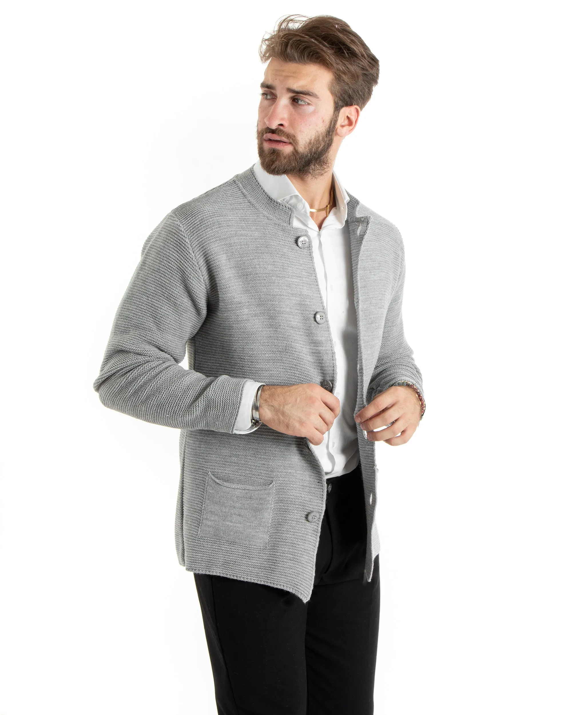 Cardigan Uomo Collo Coreano Maglioncino Monopetto Maglia Giacca Con Bottoni Grigio Casual GIOSAL-M2671A