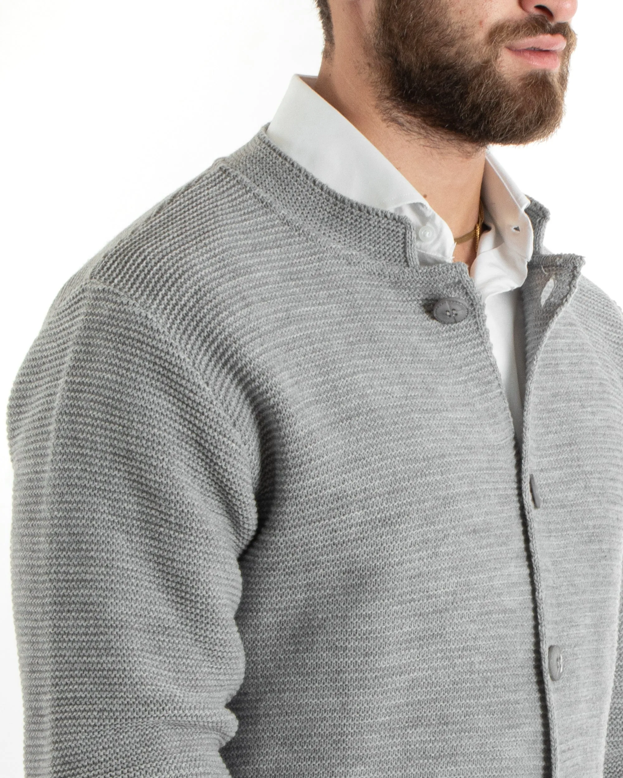 Cardigan Uomo Collo Coreano Maglioncino Monopetto Maglia Giacca Con Bottoni Grigio Casual GIOSAL-M2671A