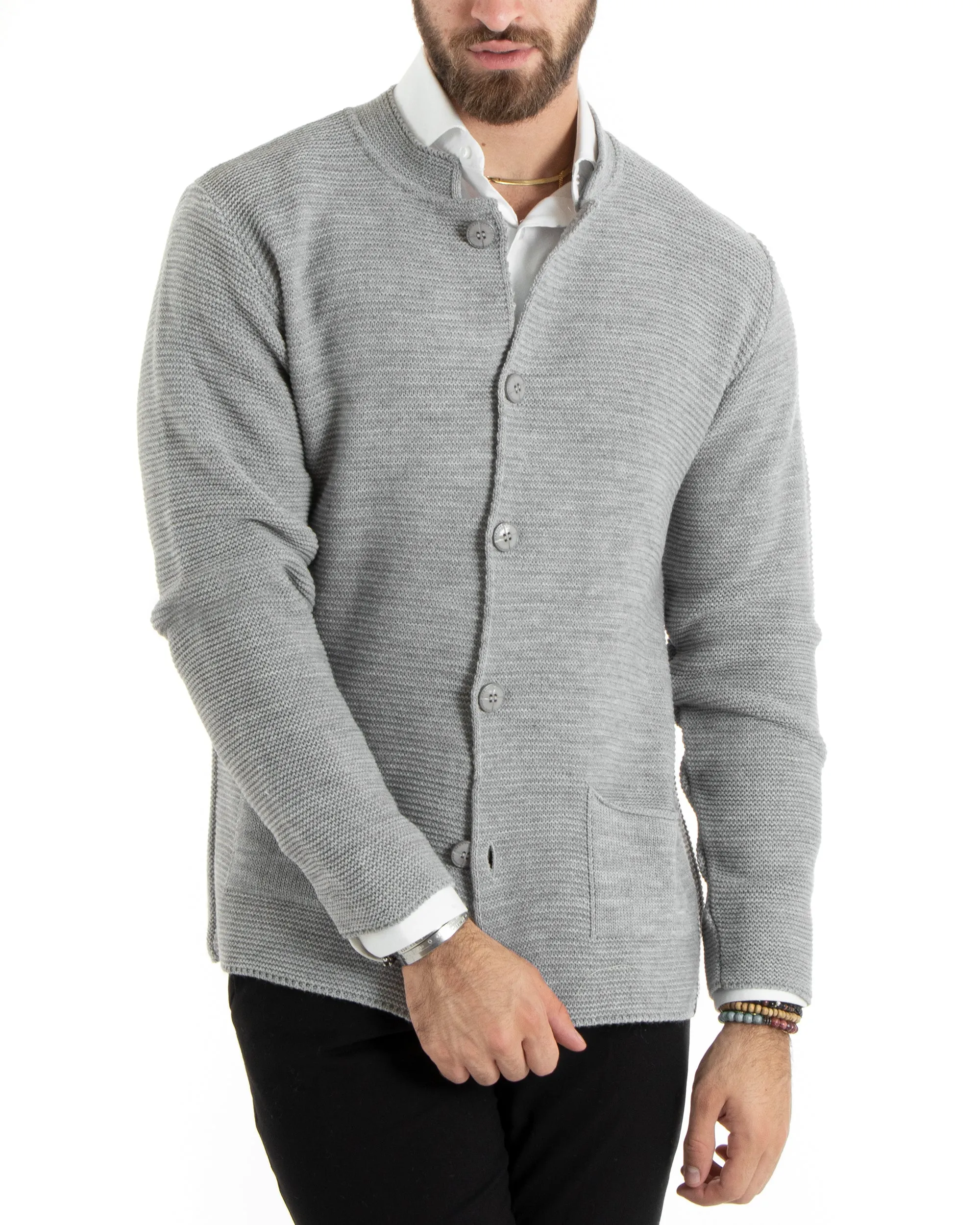 Cardigan Uomo Collo Coreano Maglioncino Monopetto Maglia Giacca Con Bottoni Grigio Casual GIOSAL-M2671A