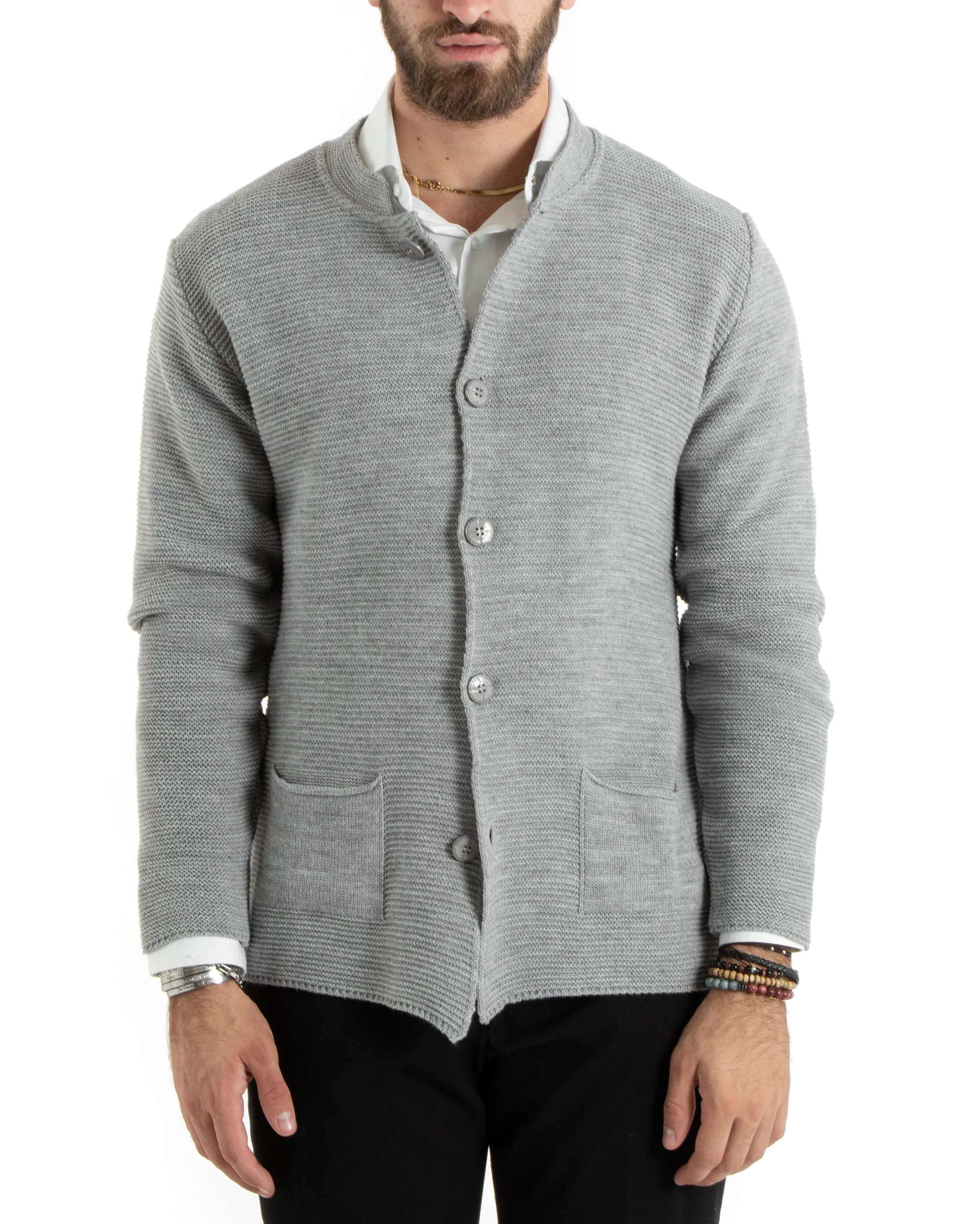 Cardigan Uomo Collo Coreano Maglioncino Monopetto Maglia Giacca Con Bottoni Grigio Casual GIOSAL-M2671A