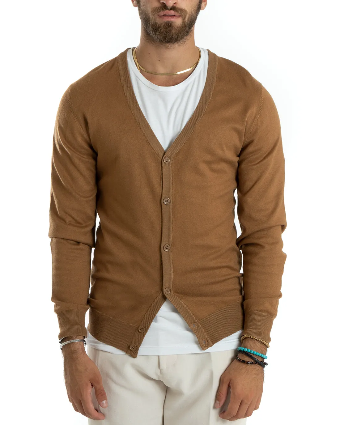 Cardigan Uomo Giacca Con Bottoni Maglioncino Scollo V Maglia Sottile Basic Camel GIOSAL-M2692A