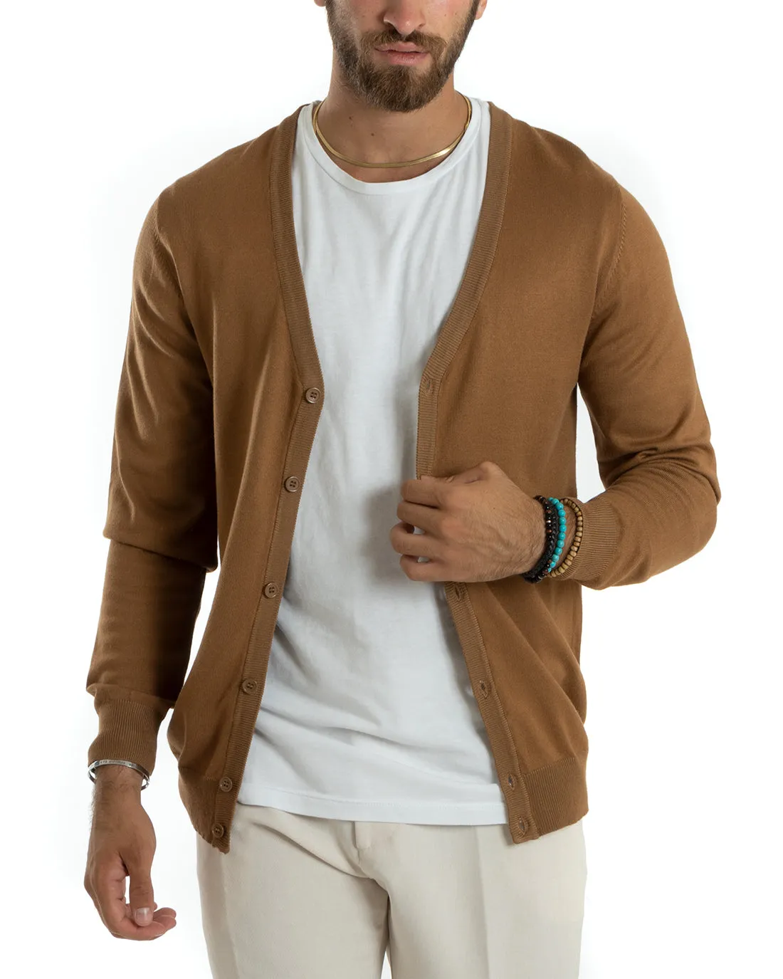 Cardigan Uomo Giacca Con Bottoni Maglioncino Scollo V Maglia Sottile Basic Camel GIOSAL-M2692A