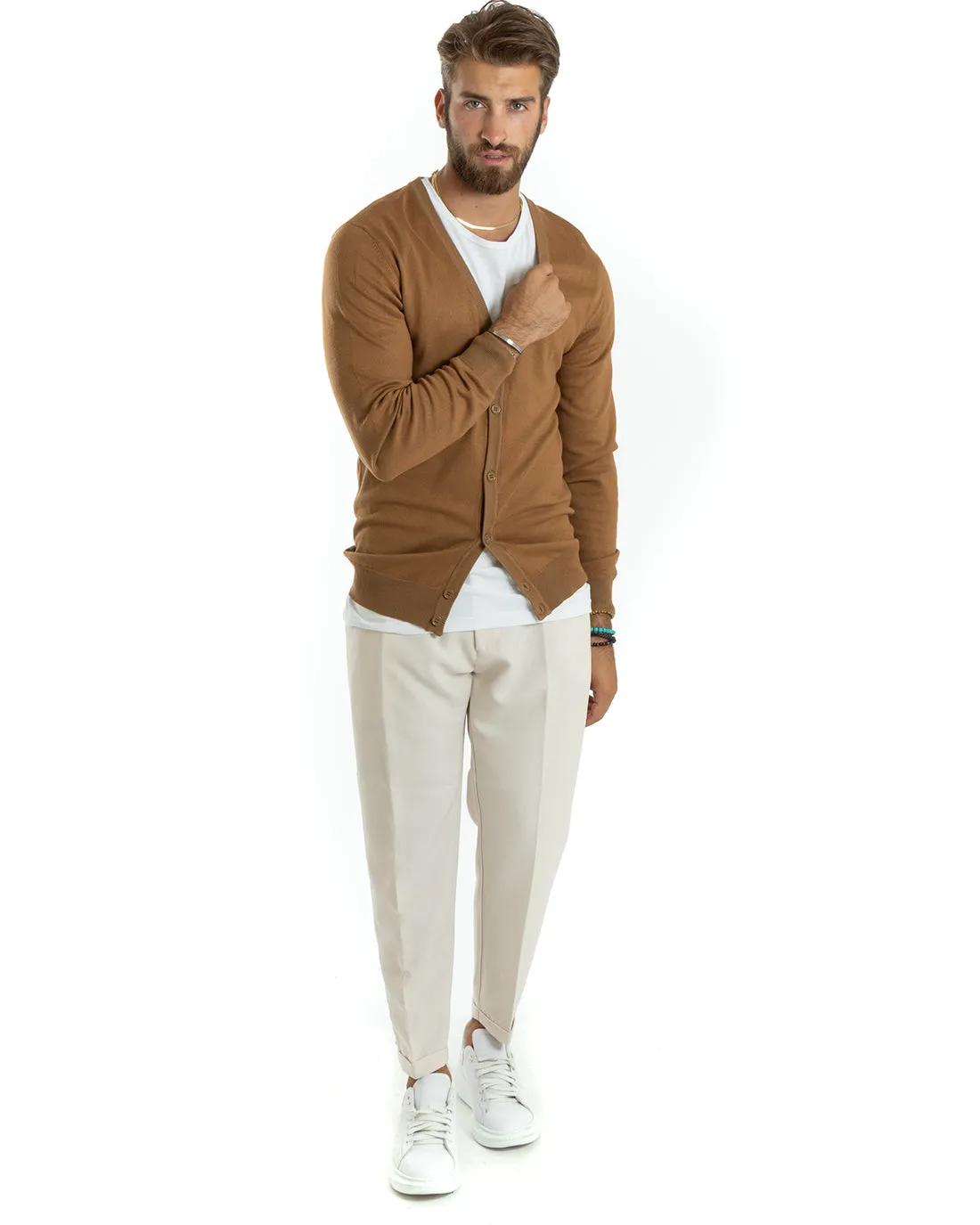 Cardigan Uomo Giacca Con Bottoni Maglioncino Scollo V Maglia Sottile Basic Camel GIOSAL-M2692A