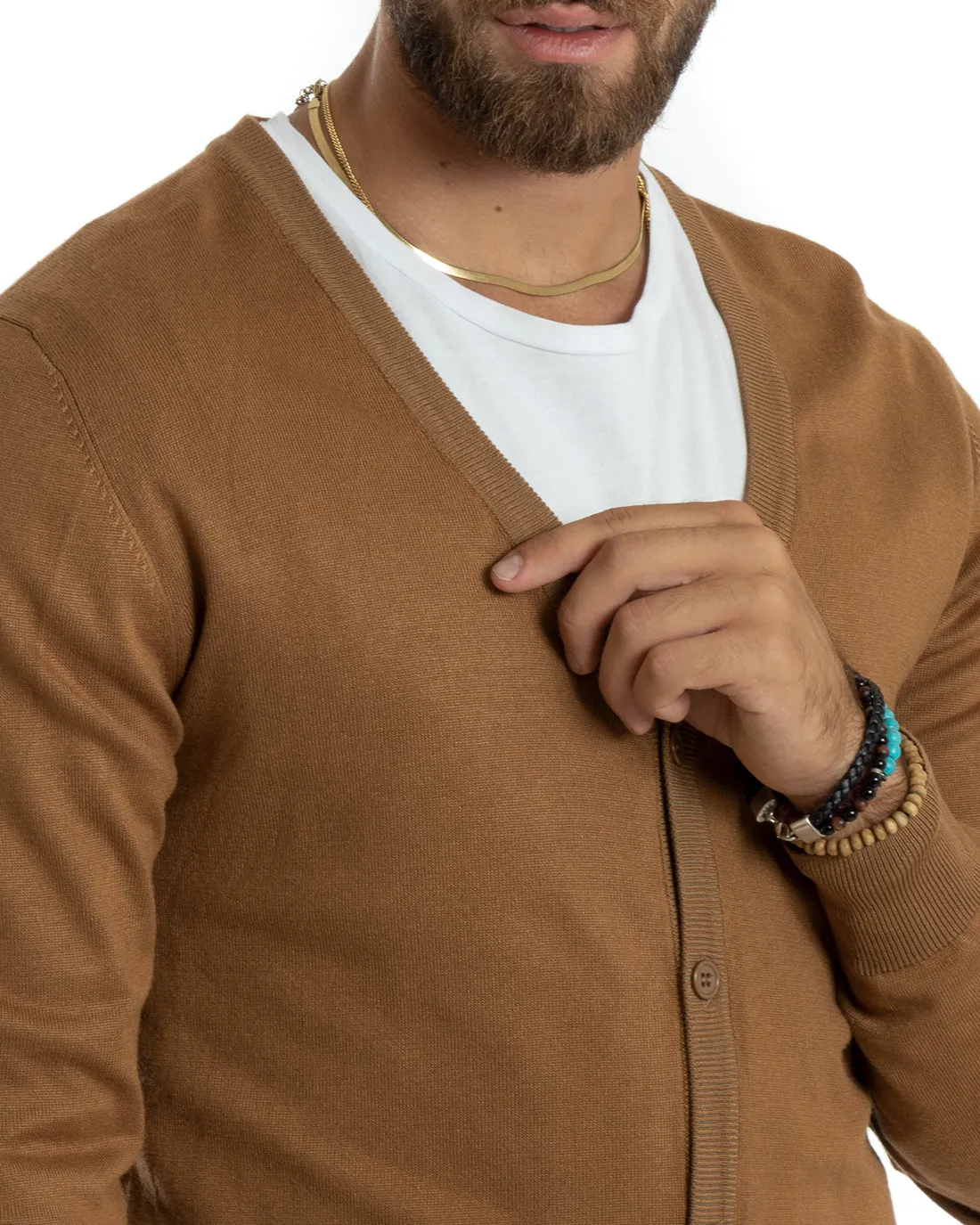 Cardigan Uomo Giacca Con Bottoni Maglioncino Scollo V Maglia Sottile Basic Camel GIOSAL-M2692A