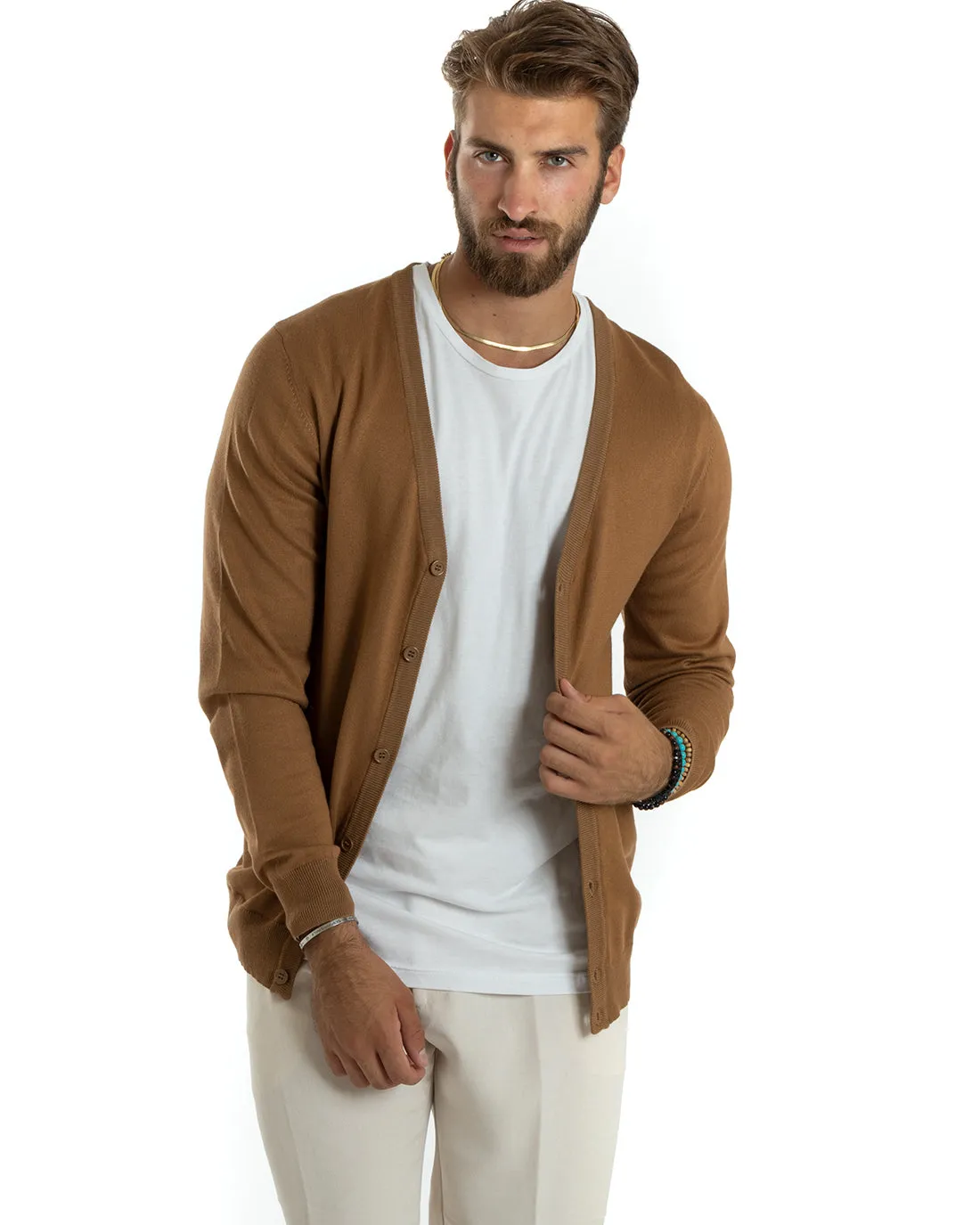 Cardigan Uomo Giacca Con Bottoni Maglioncino Scollo V Maglia Sottile Basic Camel GIOSAL-M2692A