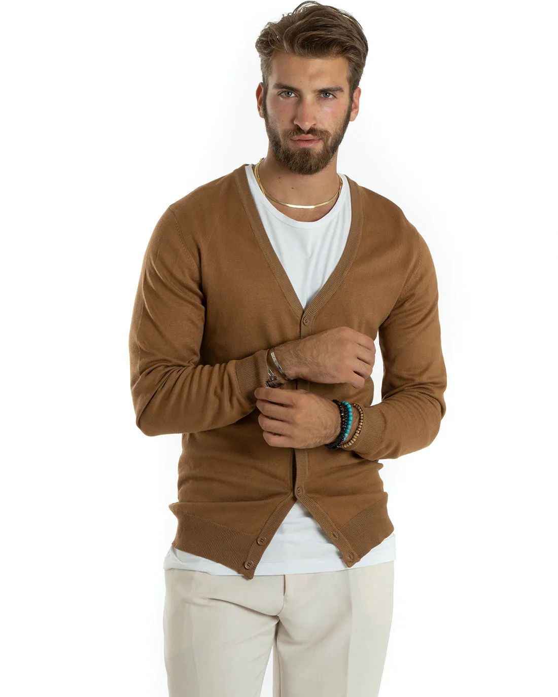 Cardigan Uomo Giacca Con Bottoni Maglioncino Scollo V Maglia Sottile Basic Camel GIOSAL-M2692A