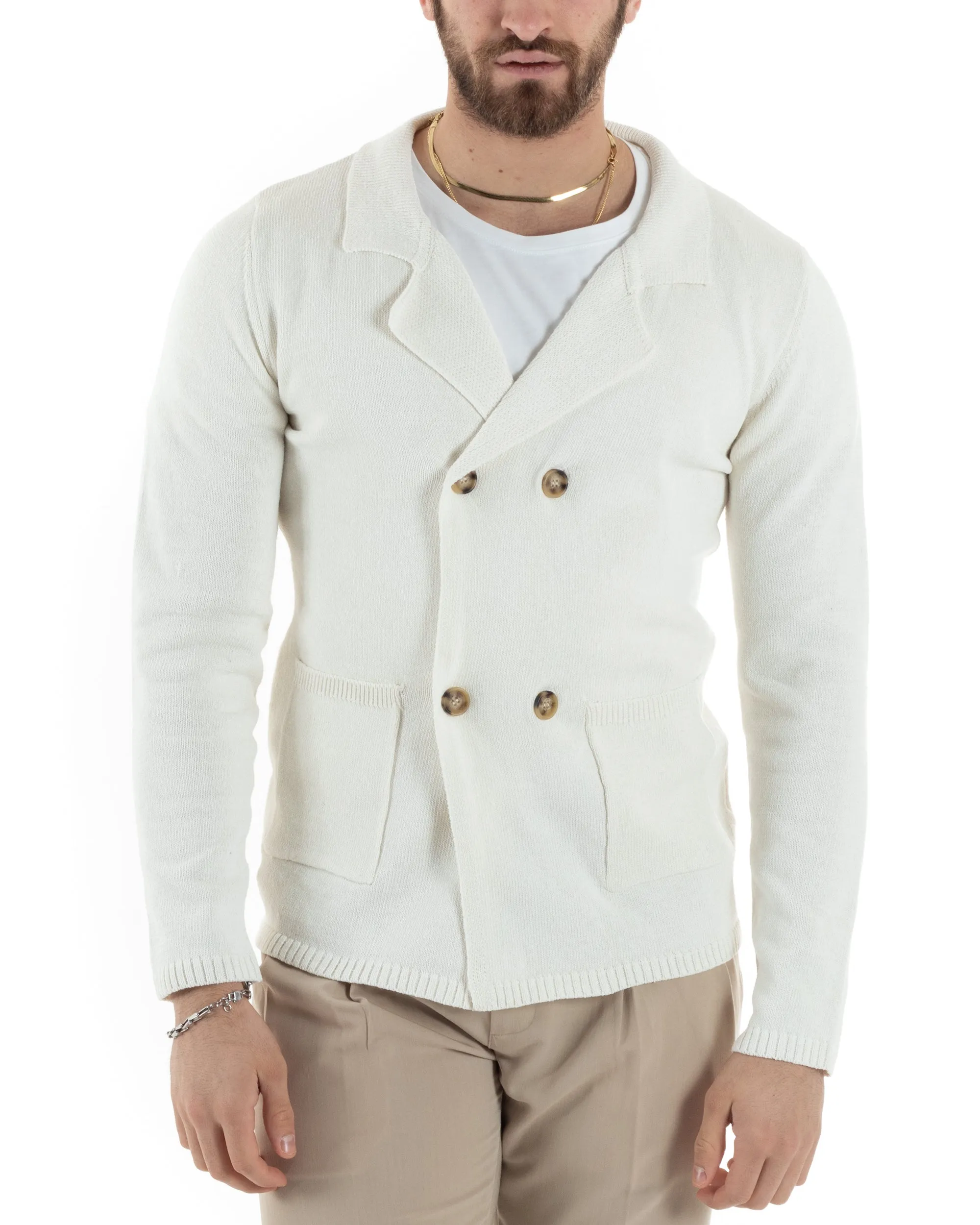 Cardigan Uomo Giacca Doppiopetto Con Bottoni Maglia Maglioncino Tinta Unita Bianco Casual GIOSAL-M2811A