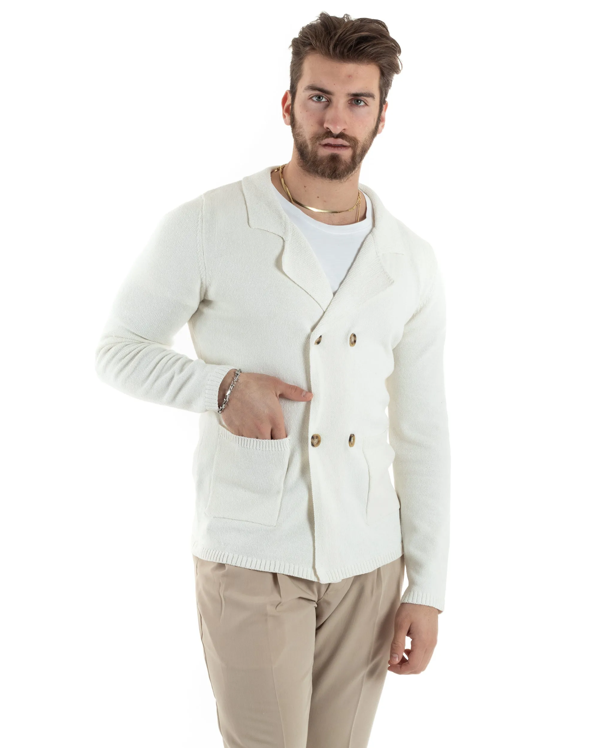 Cardigan Uomo Giacca Doppiopetto Con Bottoni Maglia Maglioncino Tinta Unita Bianco Casual GIOSAL-M2811A