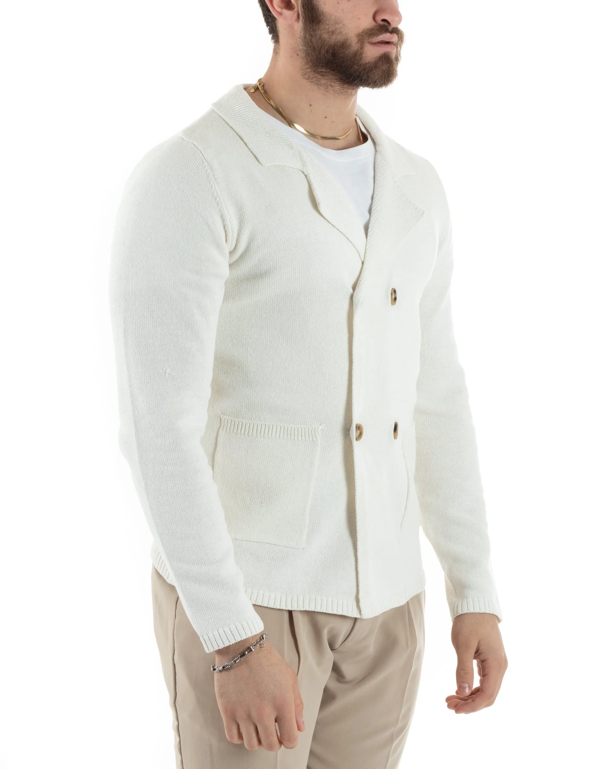 Cardigan Uomo Giacca Doppiopetto Con Bottoni Maglia Maglioncino Tinta Unita Bianco Casual GIOSAL-M2811A