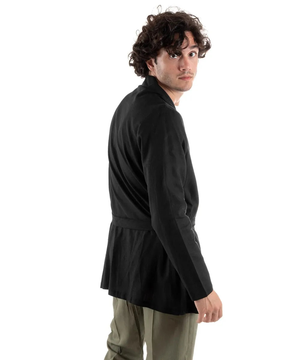 Cardigan Uomo Maglia Maglioncino Lino Kimono Con Cintura Tinta Unita Nero GIOSAL-M2660A