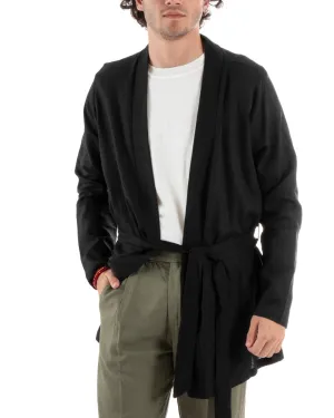 Cardigan Uomo Maglia Maglioncino Lino Kimono Con Cintura Tinta Unita Nero GIOSAL-M2660A