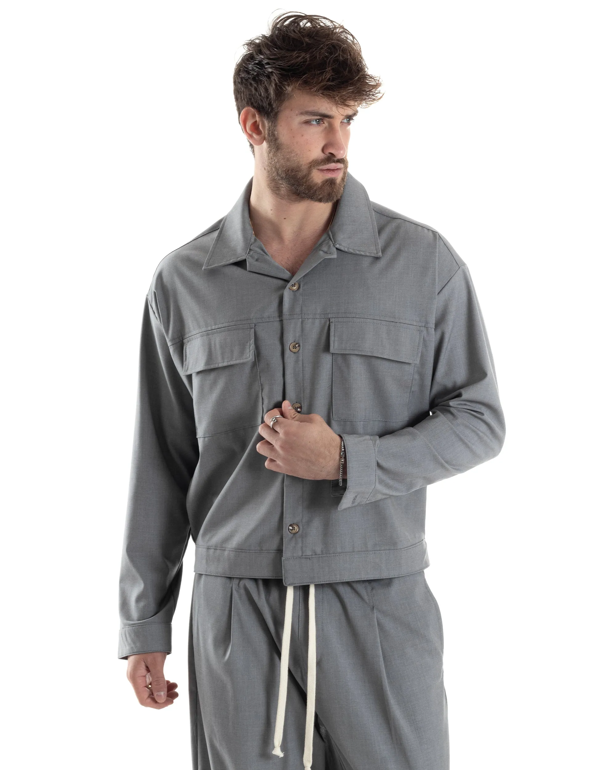 Completo Boxy Set Coordinato Uomo Viscosa Camicia Cropped Pantalaccio Fondo Largo Grigio GIOSAL-OU2442A