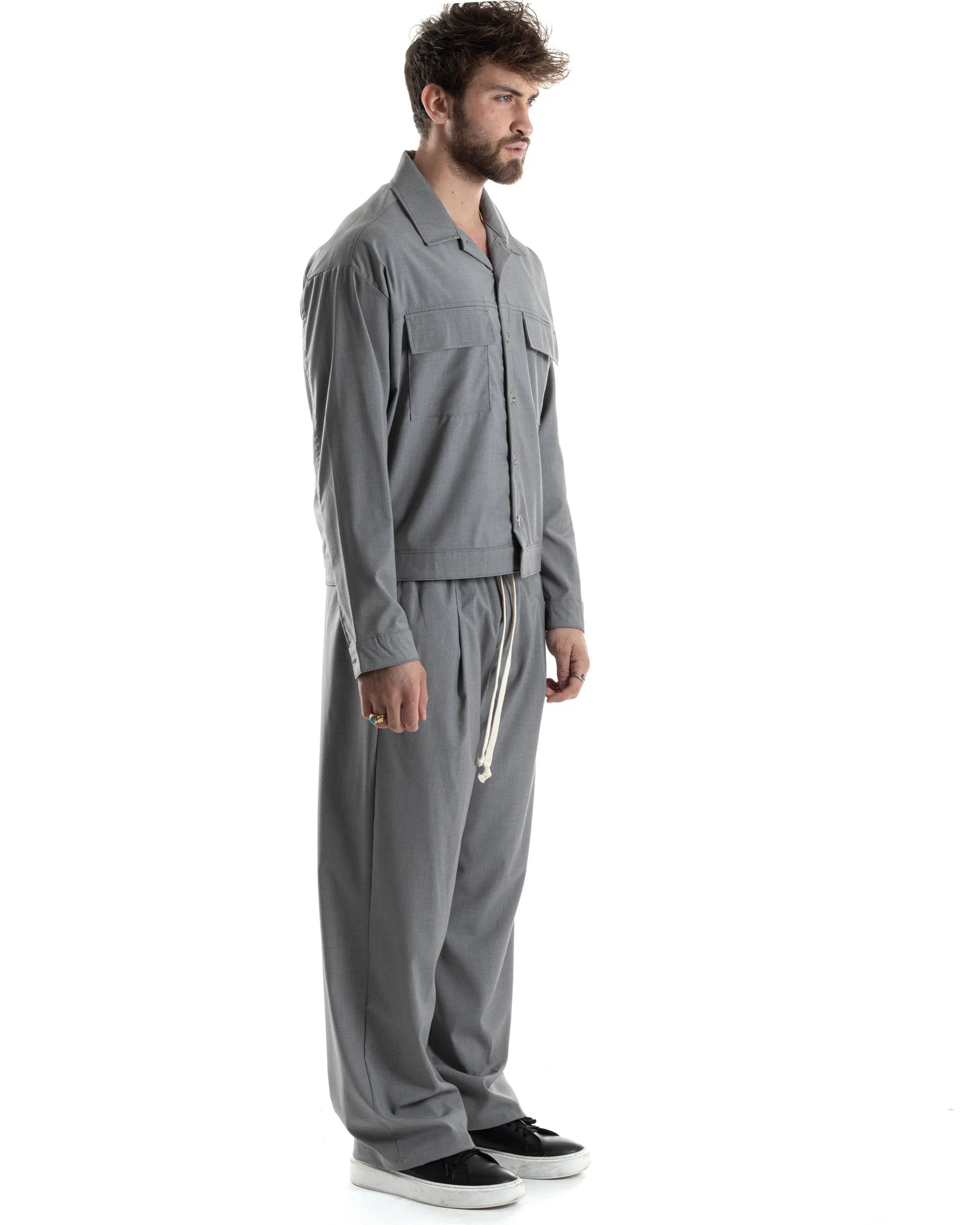 Completo Boxy Set Coordinato Uomo Viscosa Camicia Cropped Pantalaccio Fondo Largo Grigio GIOSAL-OU2442A