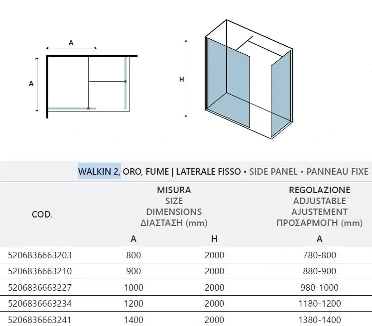 Doccia Walk in Due Pareti H200cm Fumè Anticalcare Profili Color Oro