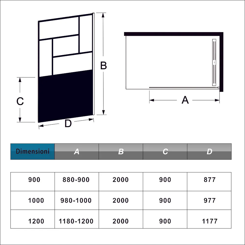 Doccia Walk In Parete Fissa Vetro Temperato 8mm Anticalcare 90-120 x200cm Semitrasparente Riquadri Nero Serigrafato Barra Stabilizzatrice da 90cm Tagliabile