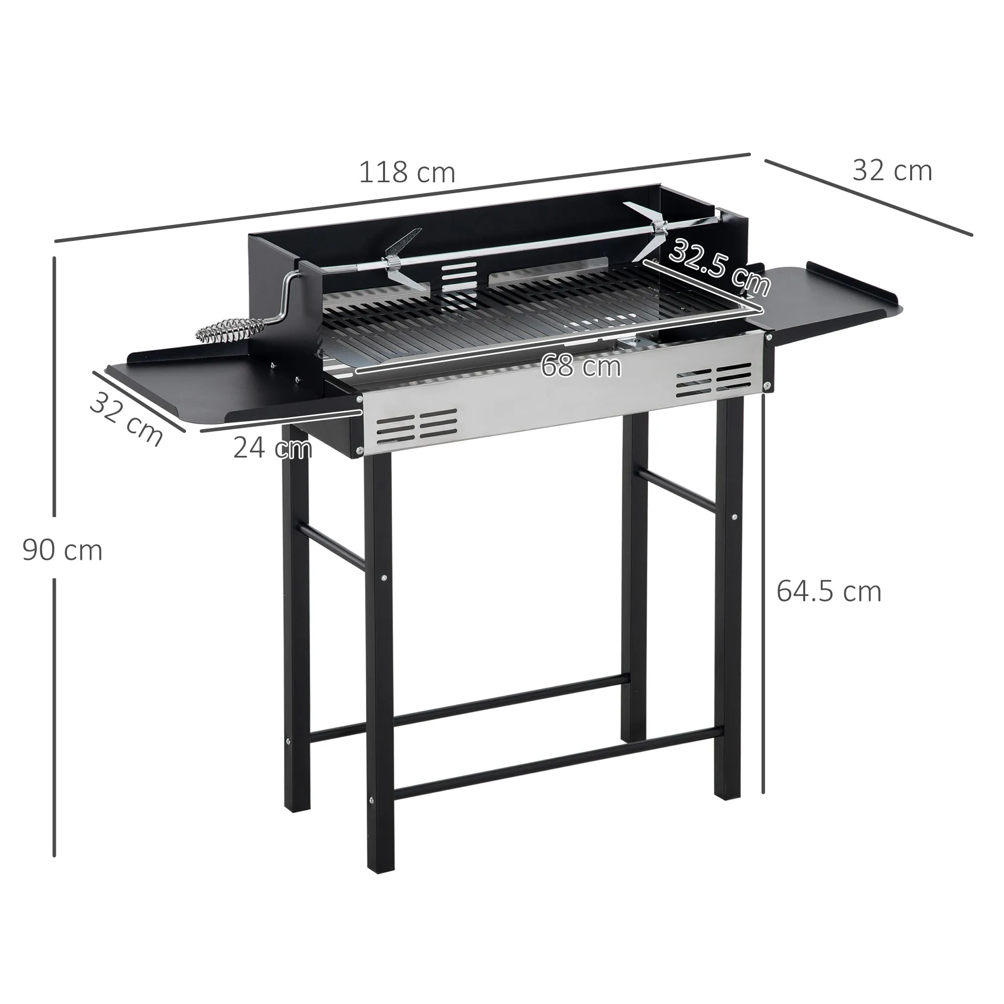 EASYCOMFORT  Barbecue a Carbone con Griglia, Girarrosto e Mensole Pieghevoli, 118x32x90cm