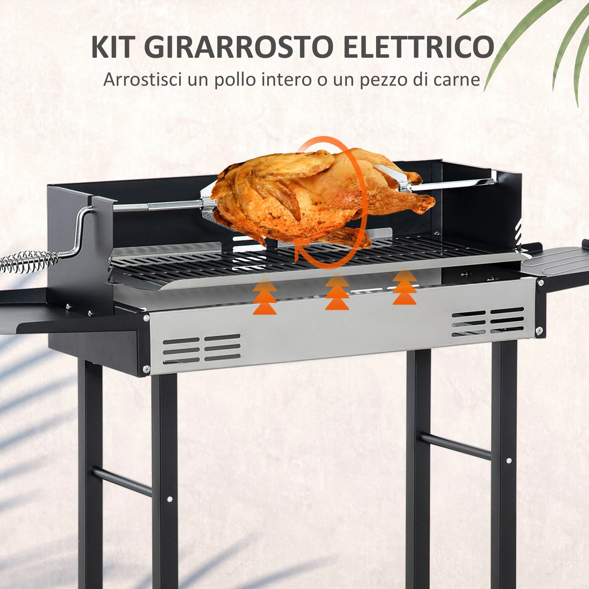 EASYCOMFORT  Barbecue a Carbone con Griglia, Girarrosto e Mensole Pieghevoli, 118x32x90cm