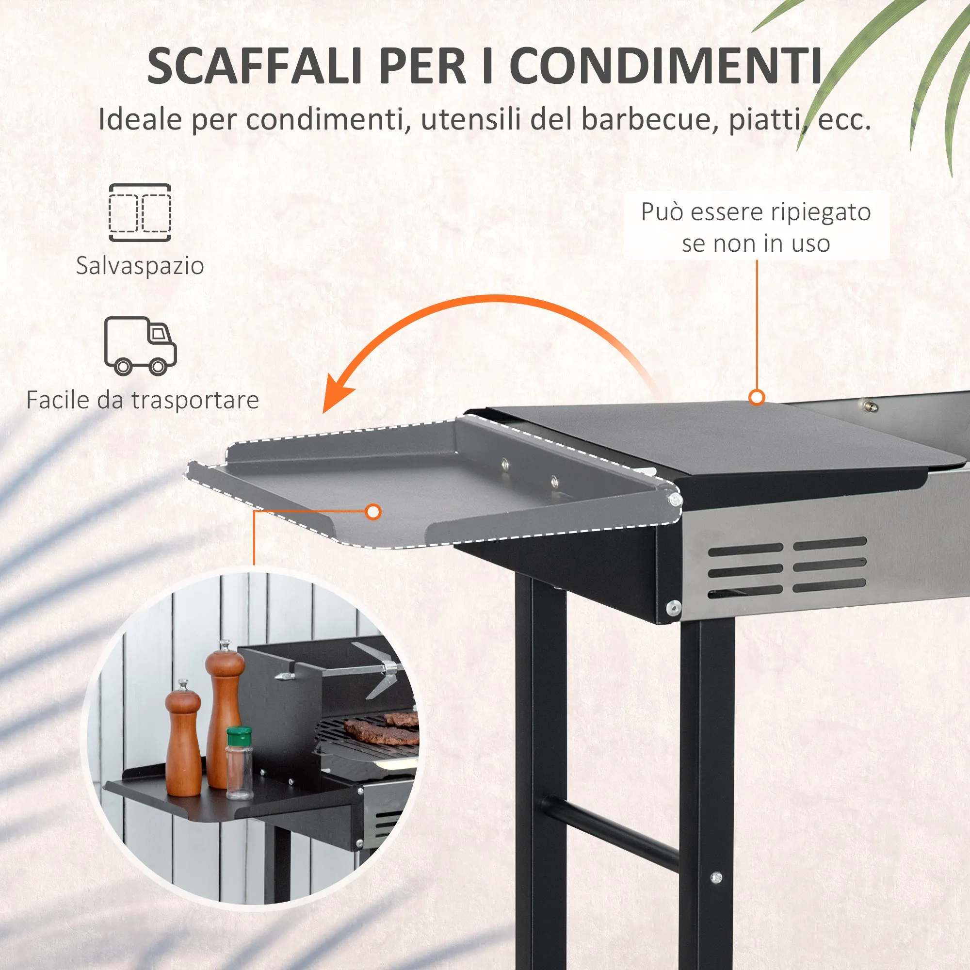 EASYCOMFORT  Barbecue a Carbone con Griglia, Girarrosto e Mensole Pieghevoli, 118x32x90cm