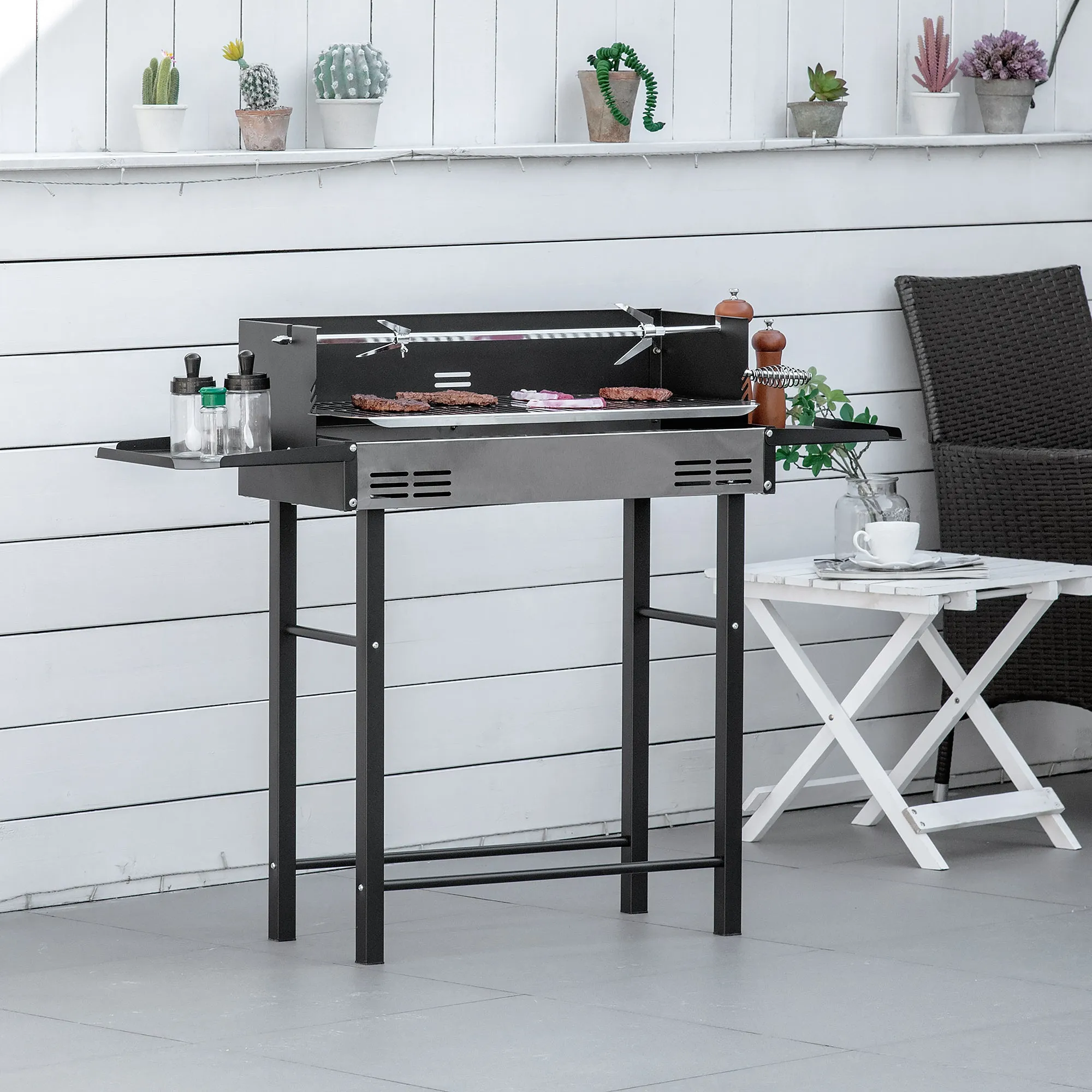 EASYCOMFORT  Barbecue a Carbone con Griglia, Girarrosto e Mensole Pieghevoli, 118x32x90cm