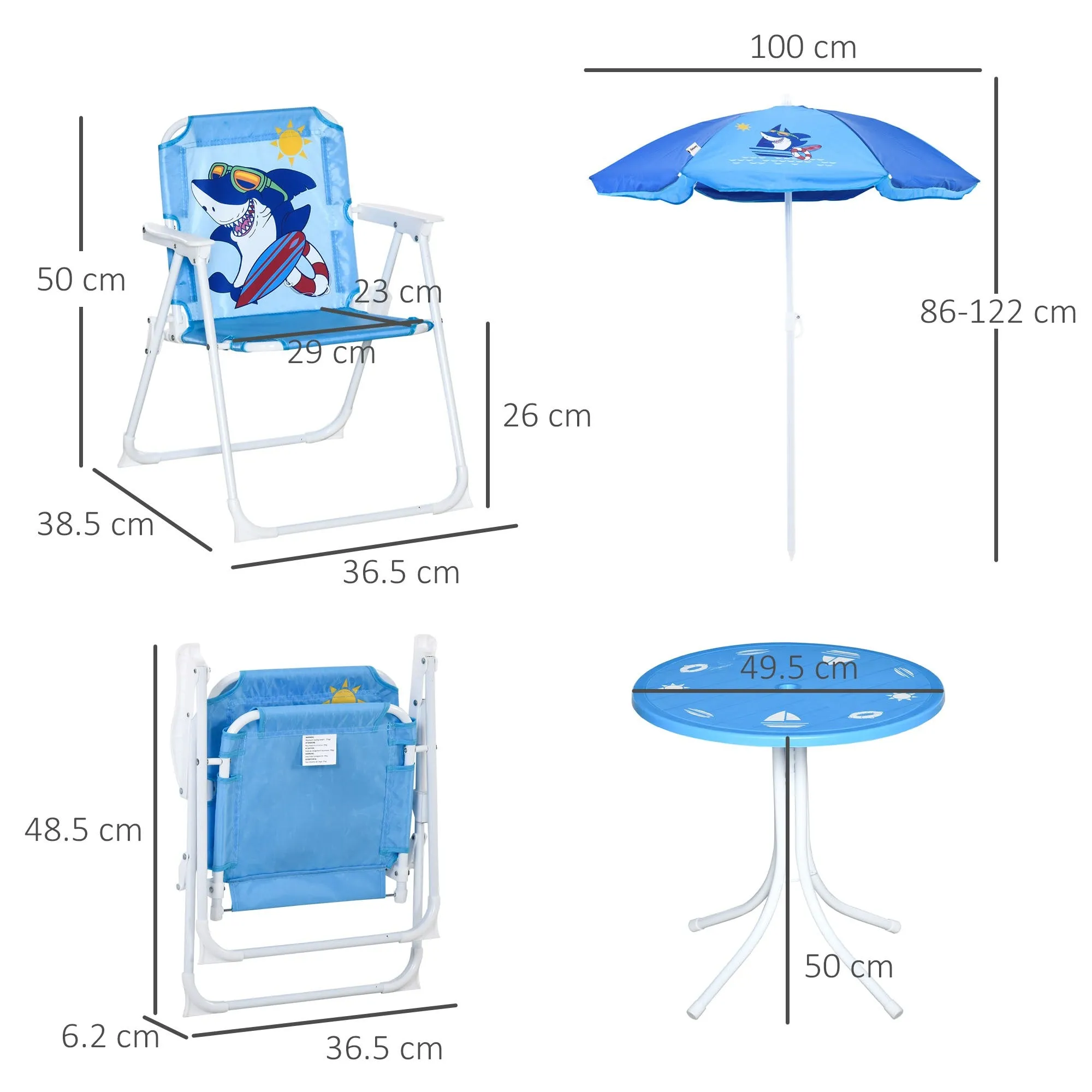 EasyComfort Tavolo e Sedie per Bambini da Giardino con Ombrellone Regolabile, Set 4 Pezzi, Età 3-6 Anni, Blu