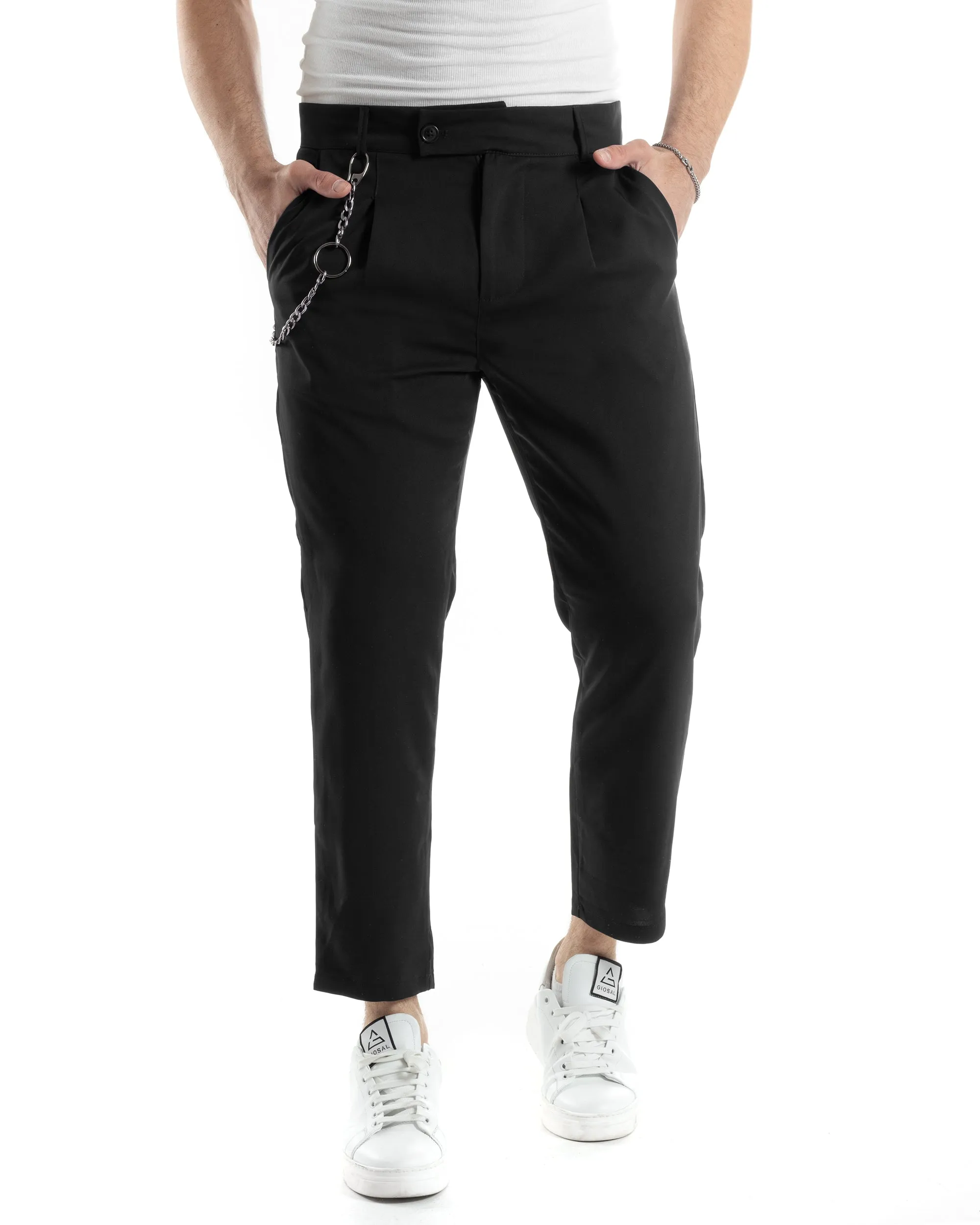 Pantaloni Uomo Tasca America Viscosa Abbottonatura Allungata Capri Casual Nero GIOSAL-P6058A