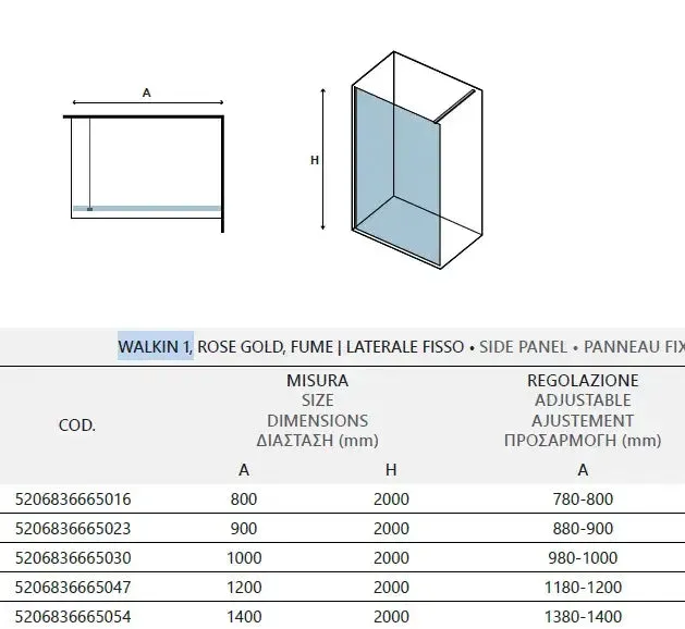 Parete Walkin H200cm Cristallo Fumè 8mm Anticalcare Profili Rose Gold