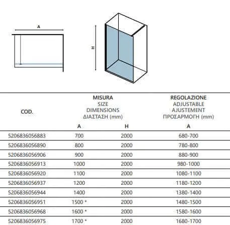 Parete Walkin Trasparente 8mm Anticalcare Profili Bianco Opaco H200cm