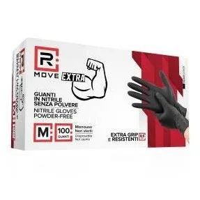 RMove 1Conf. da 100pz Tg.M 8.5gr da Lavoro - Guanti Nitrile Nero Senza Polvere Full Grip