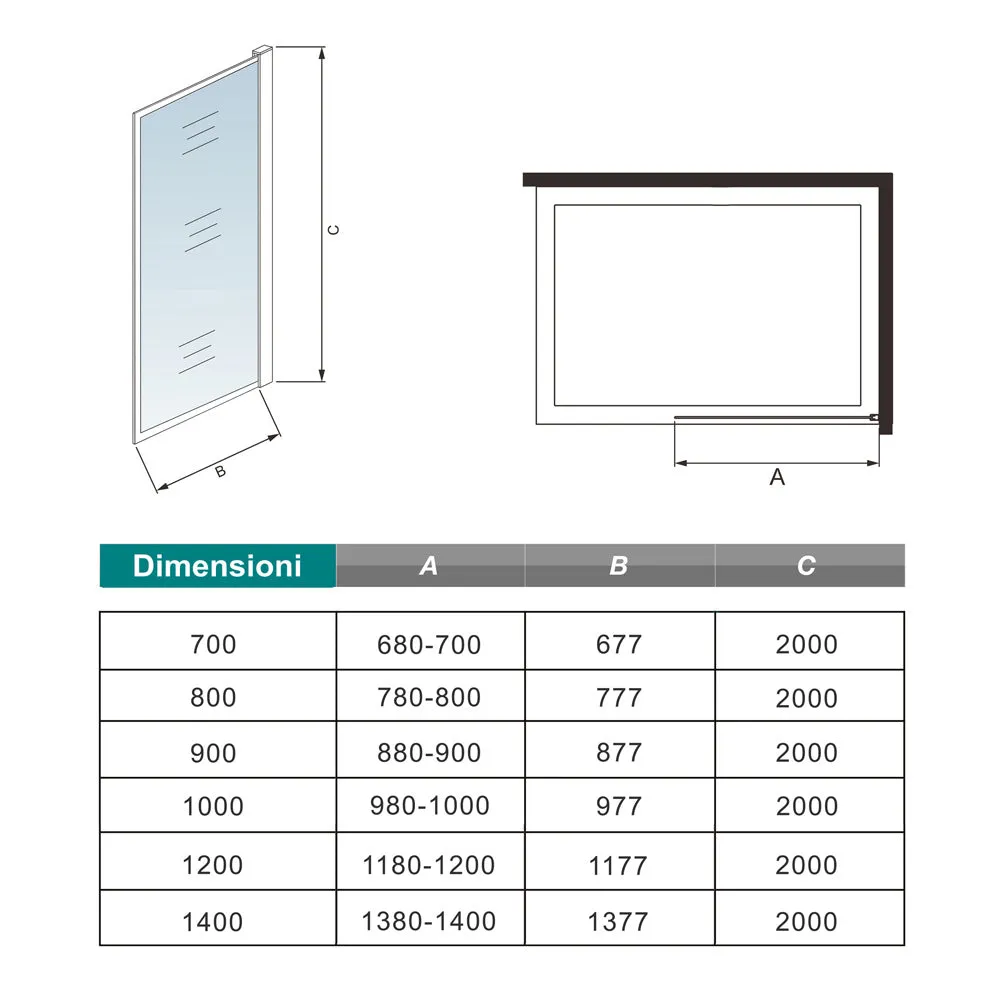 Walk In Parete Per Doccia Vetro Temperato 8mm Anticalcare 70-120 x 200cm con Bordo Nero Serigrafato con Barra Stabilizzatrice da 140cm Tagliabile